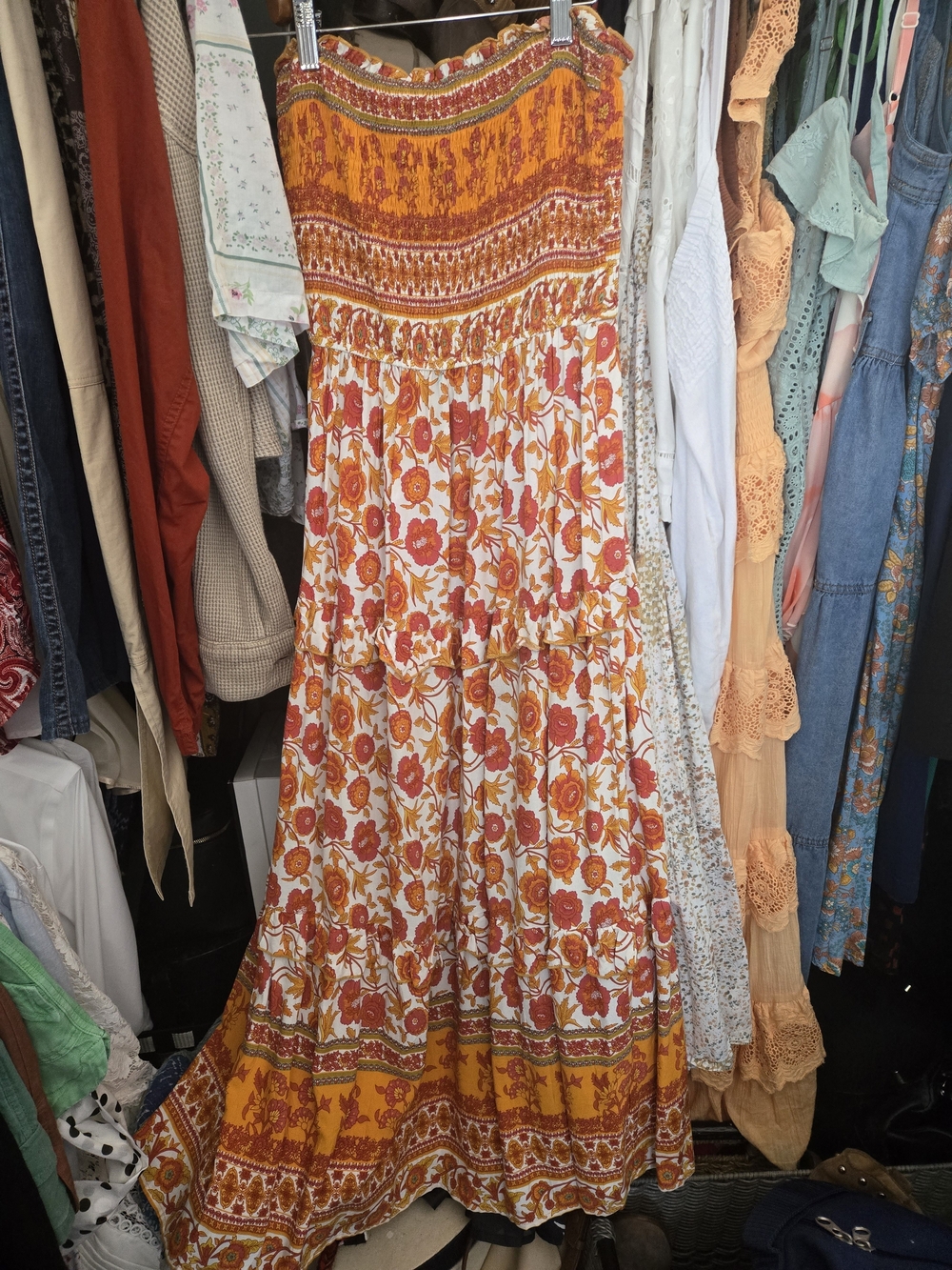 Bohemian Floral Maxi Dress in Orange and White